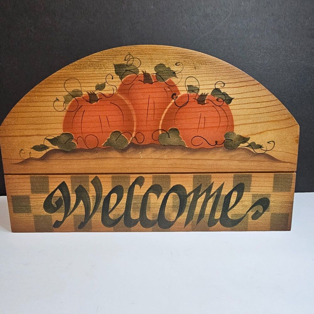 Vtg Handmade Fall Pumpkin Welcome Wooden Sign, Folk Art Country Farmhouse